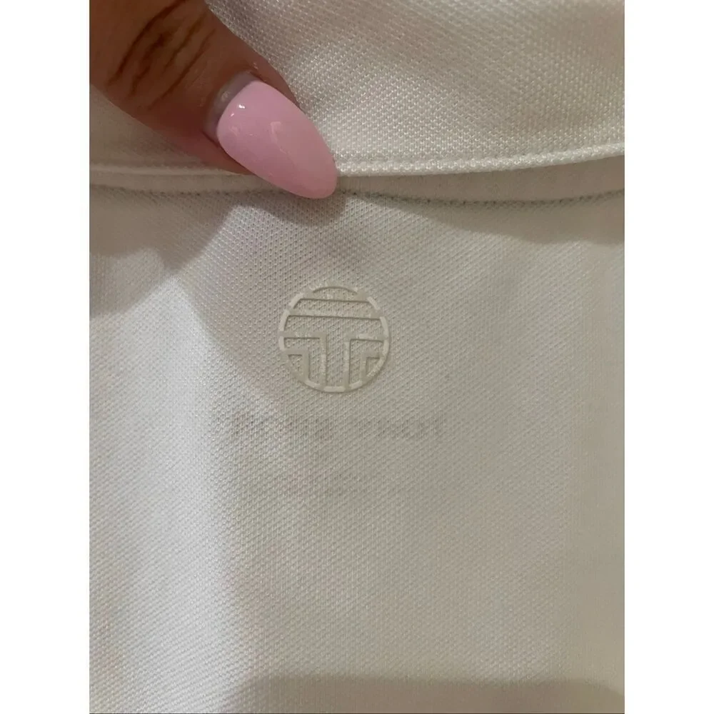 Tory Sport Women’s White Sleeveless Collared Top Black Trim V-Neck Active Chic